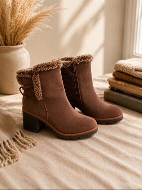 Women's Brown Suede Faux-Fur Trim Block Heel Boots